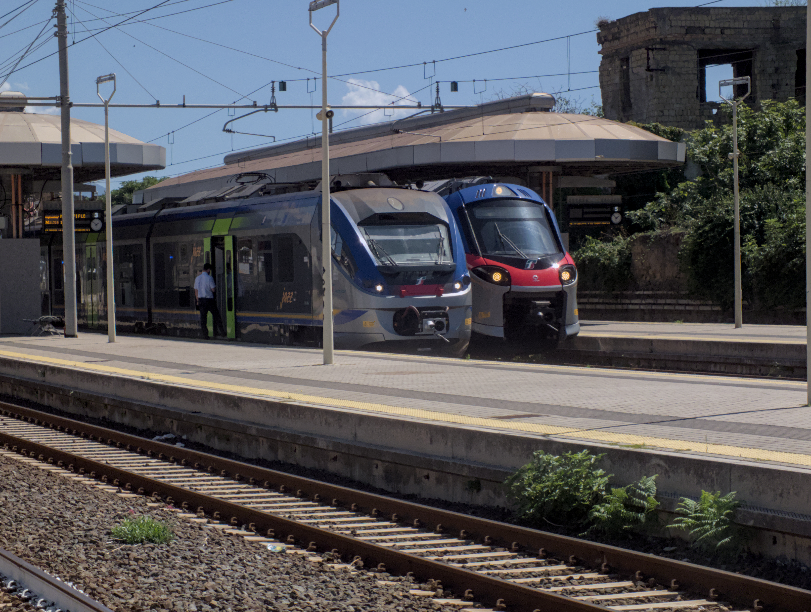 Two Jazz and Pop trains at Napoli San Giovanni Barra station